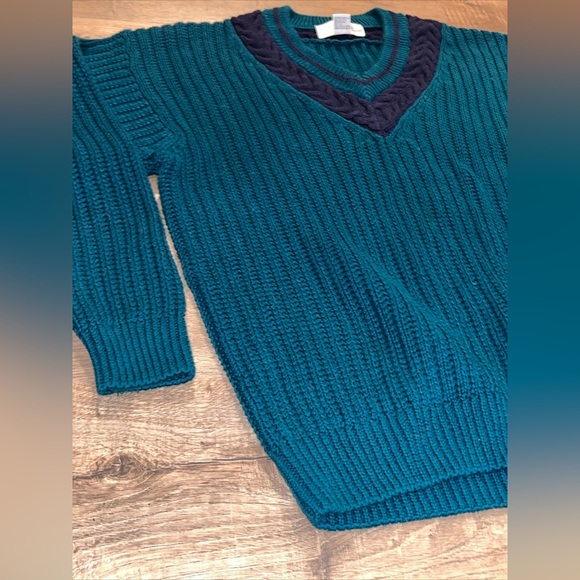 90s preppy blue striped tennis sweater Cable Knit Turquoise VNeck MEN Lg College - Picture 11 of 12